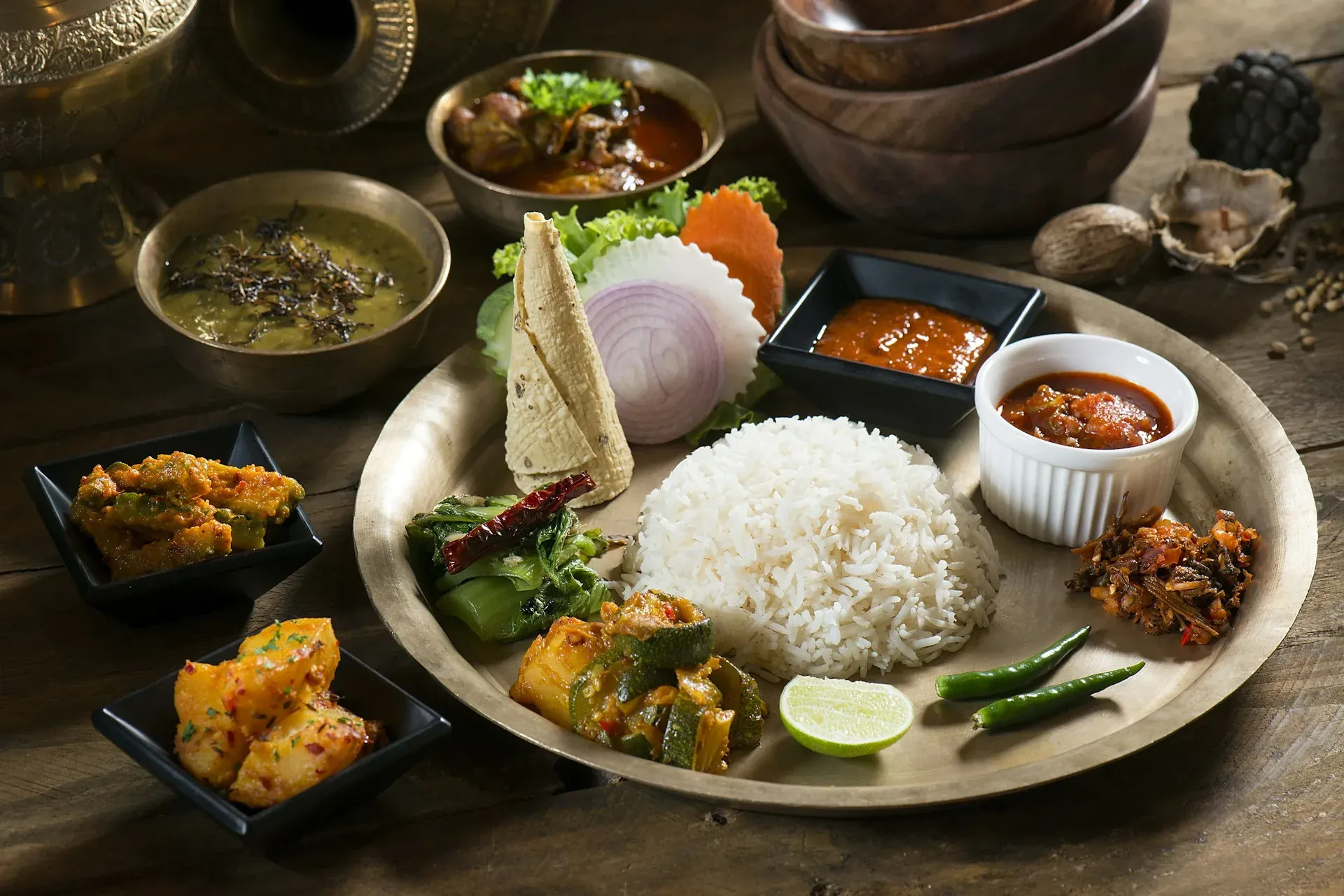 A spread of authentic Newari feast dishes