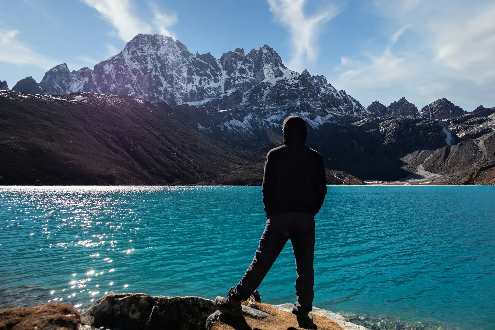 Trekker on the shores of Gokyo Lake