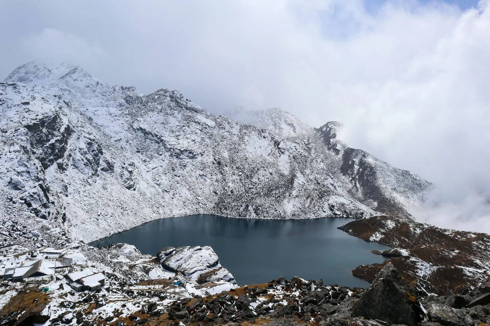 Snow peaks reflected in Gosaikunda lake