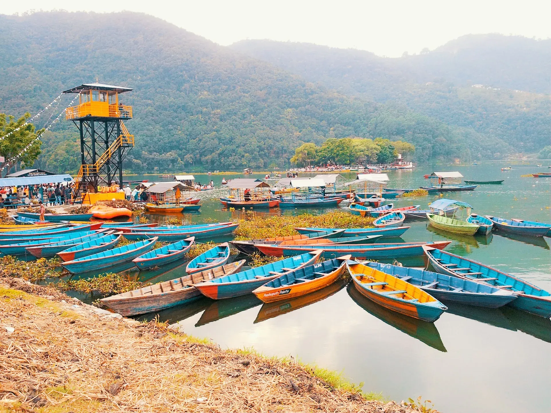 Colourful wooden boats on Phewa Lake, Pokhara